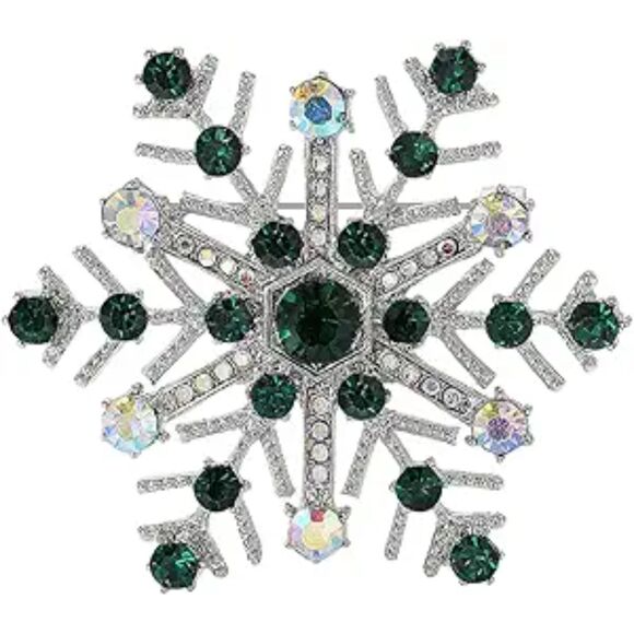 Women Rhinestone Snowflake Brooch Crystal Winter Snowflake Brooch Pin Green - Picture 1 of 4